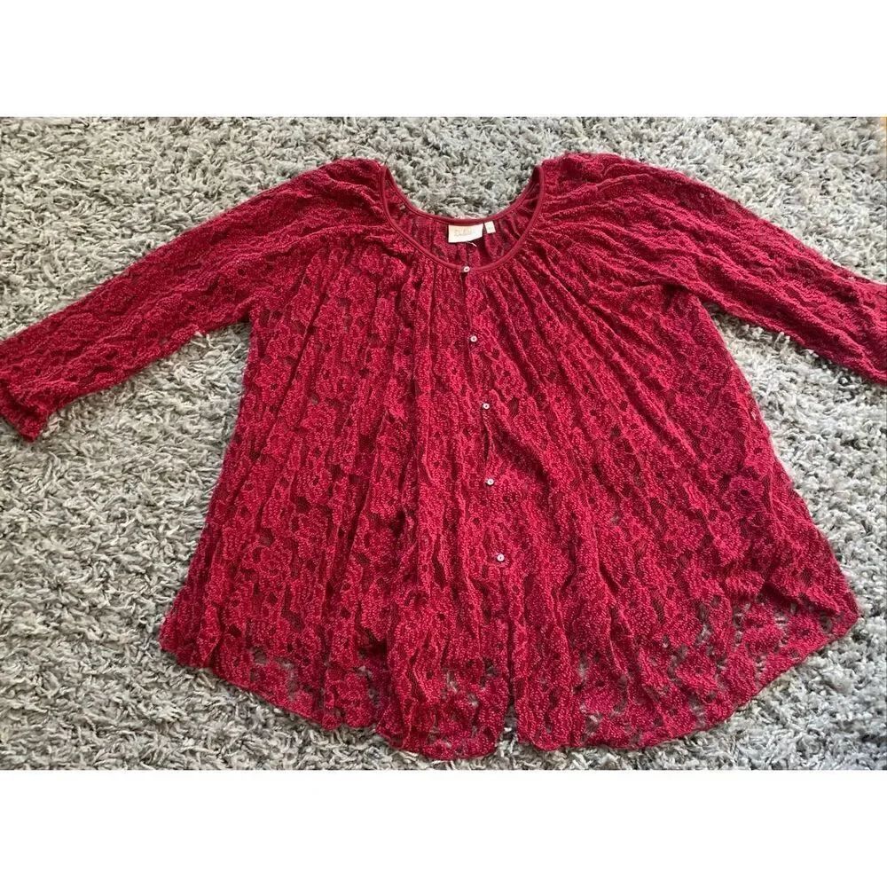DELETTA Anthropologie Amanna Lace Cranberry Red Tunic Blouse Top sz M
